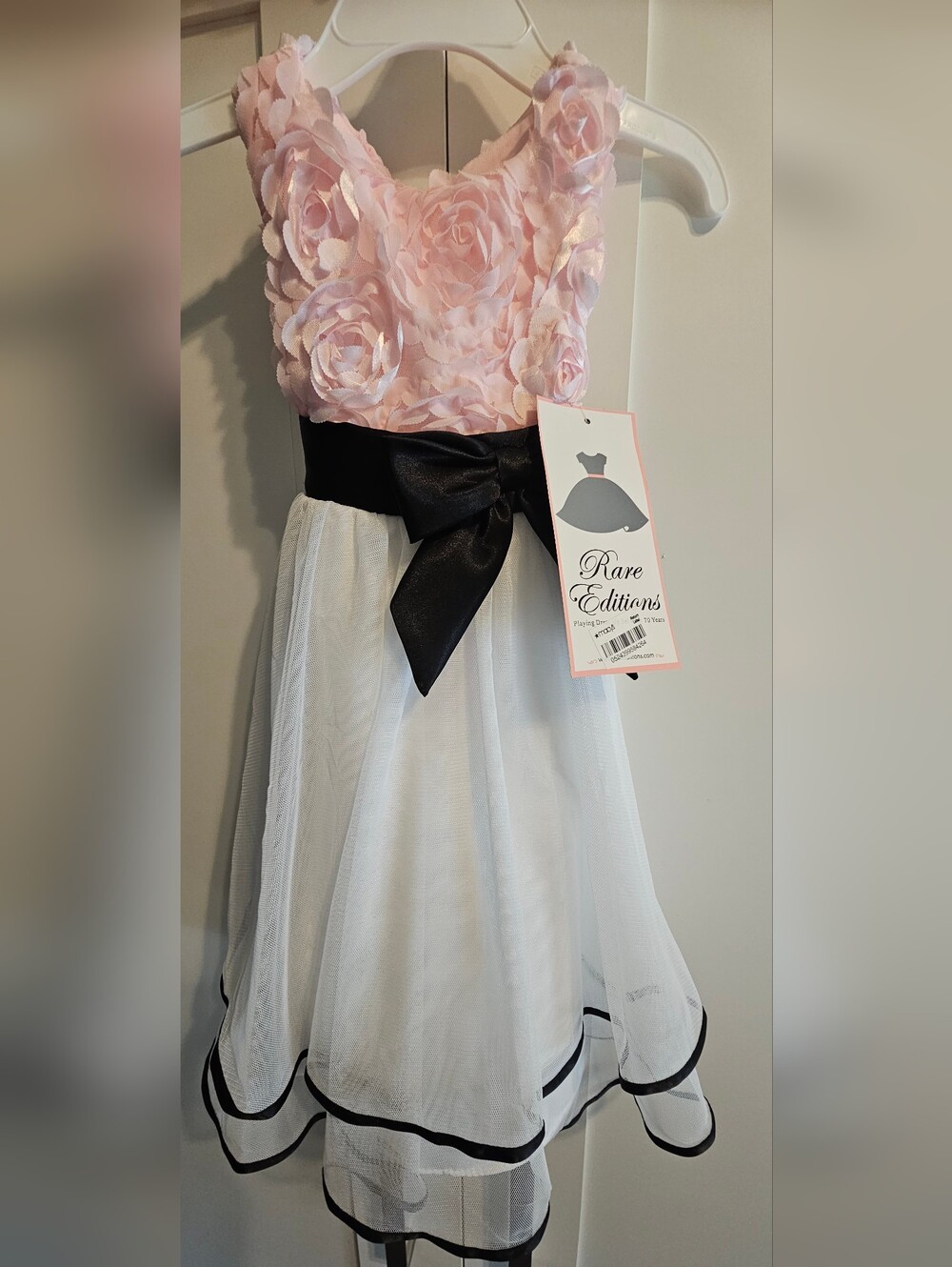 Rare Editions Pink Floral Bodice White Layered Dress with Black Satin Bow 3T